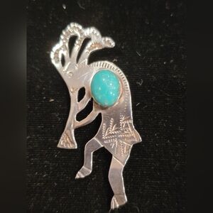 VTG NATIVE AMERICAN STERLING KOKOPELI TURQUOISE BROOCH PIN - Signed HO